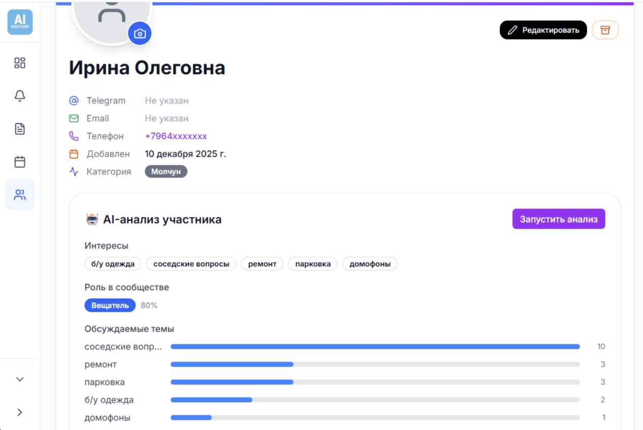 Профиль участника с AI-анализом интересов
