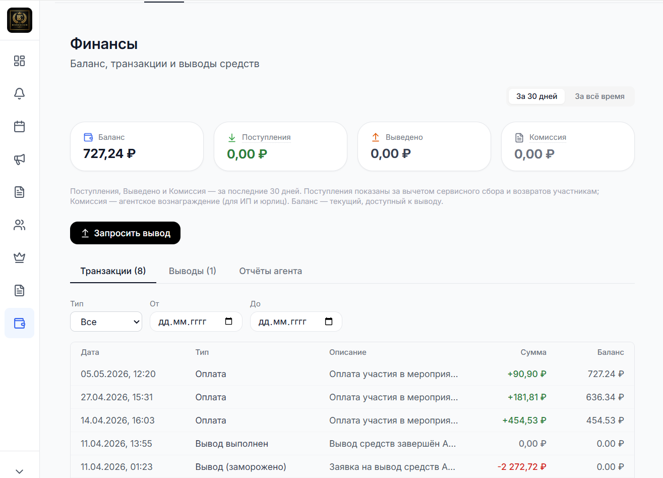 Финансы: баланс организатора и вывод средств