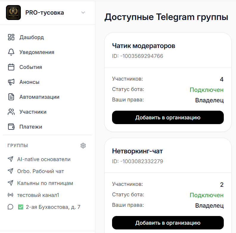 Список подключённых Telegram-групп